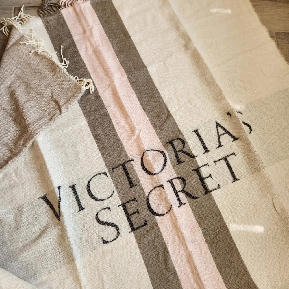 Victoria's Secret VS Throw Blanket White Pink Grey Logo Fringe Striped Cozy